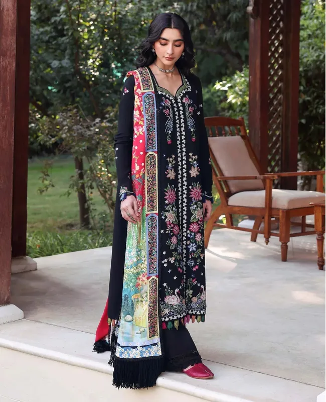 Republic Womenswear Amaris Luxury Shawl 25 Black Karandi – view 1 – Poshaq