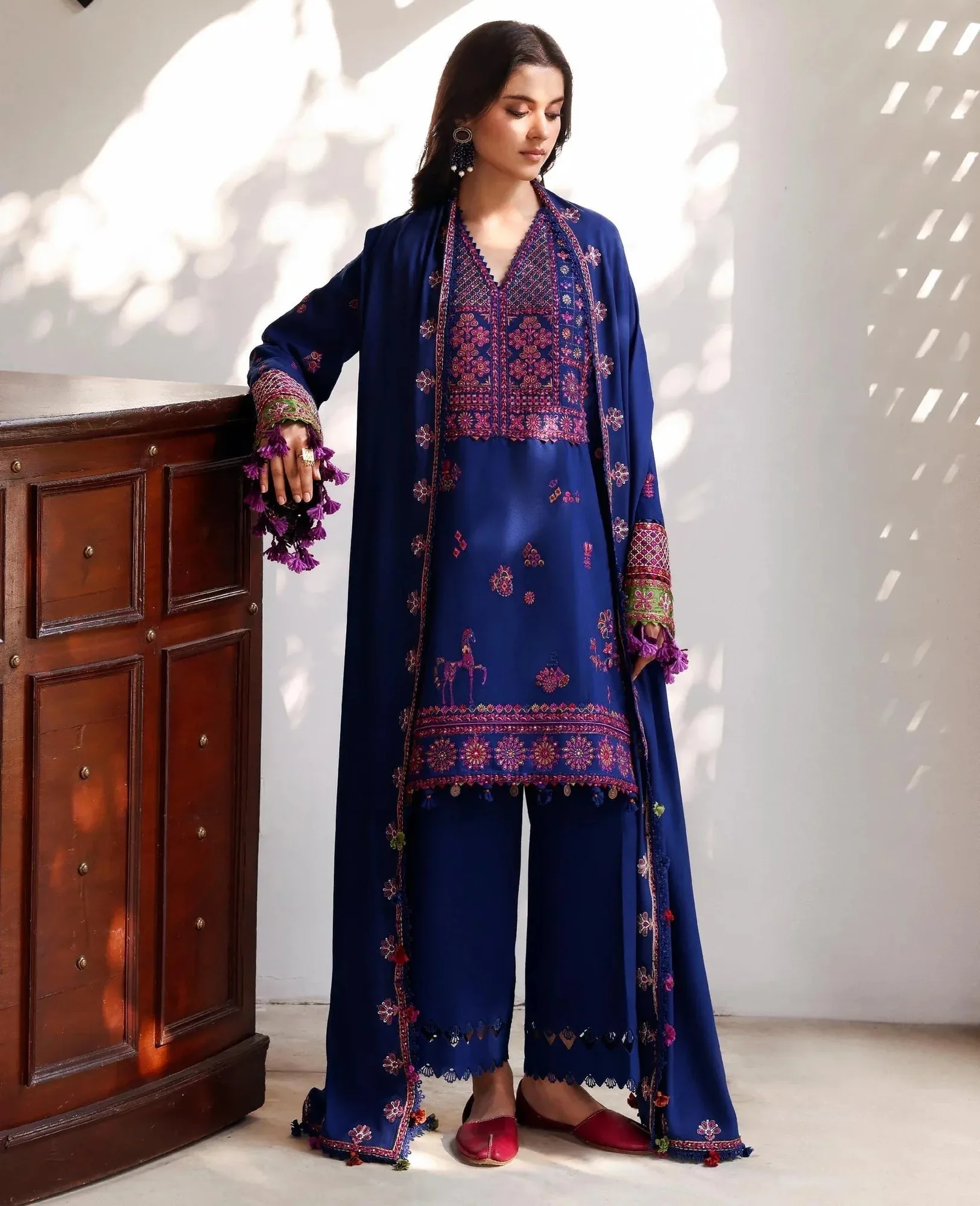 Republic Womenswear Amaris Luxury Shawl 25 Navy Karandi – view 1 – Poshaq