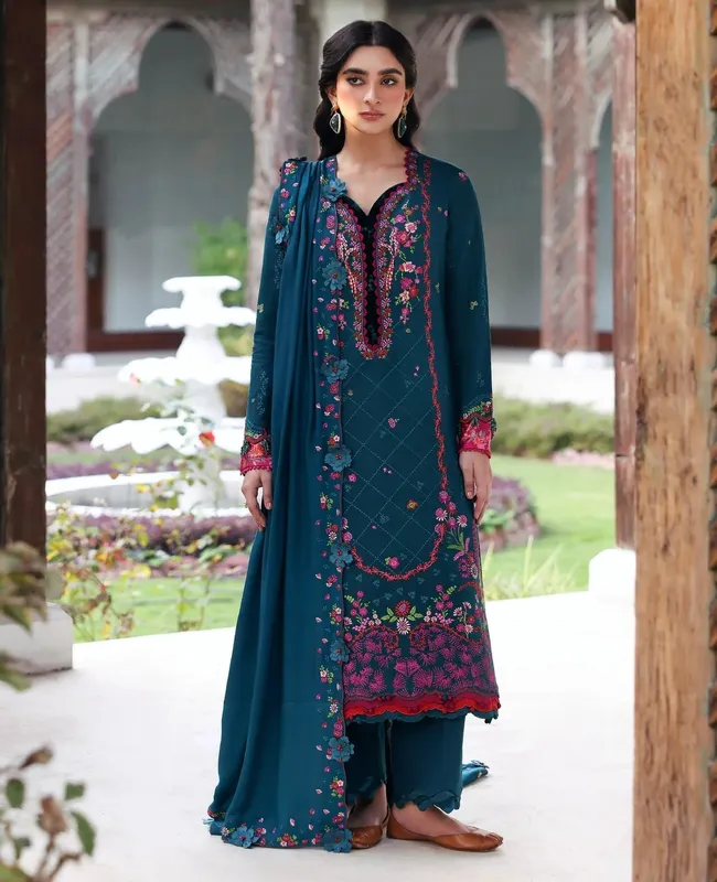 Republic Womenswear Amaris Luxury Shawl 25 Teal Blue Khaddar – view 1 – Poshaq