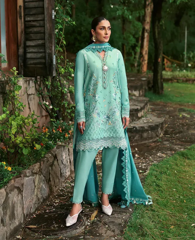 Republic Womenswear Talia Luxury Lawn 25 Sea Green Organza – view 1 – Poshaq