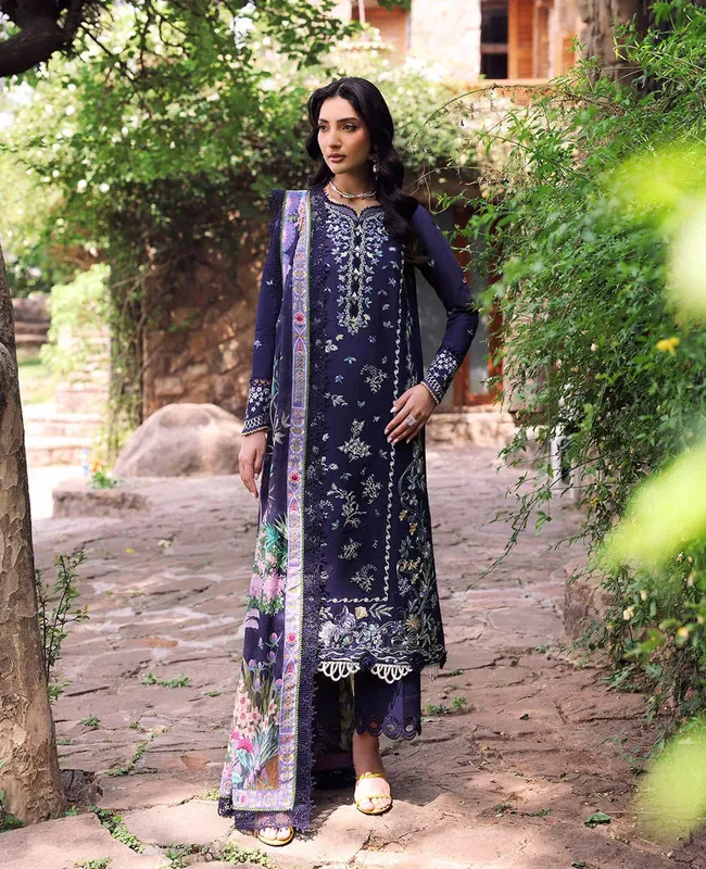 Republic Womenswear Talia Luxury Lawn 25 Navy Organza – view 1 – Poshaq