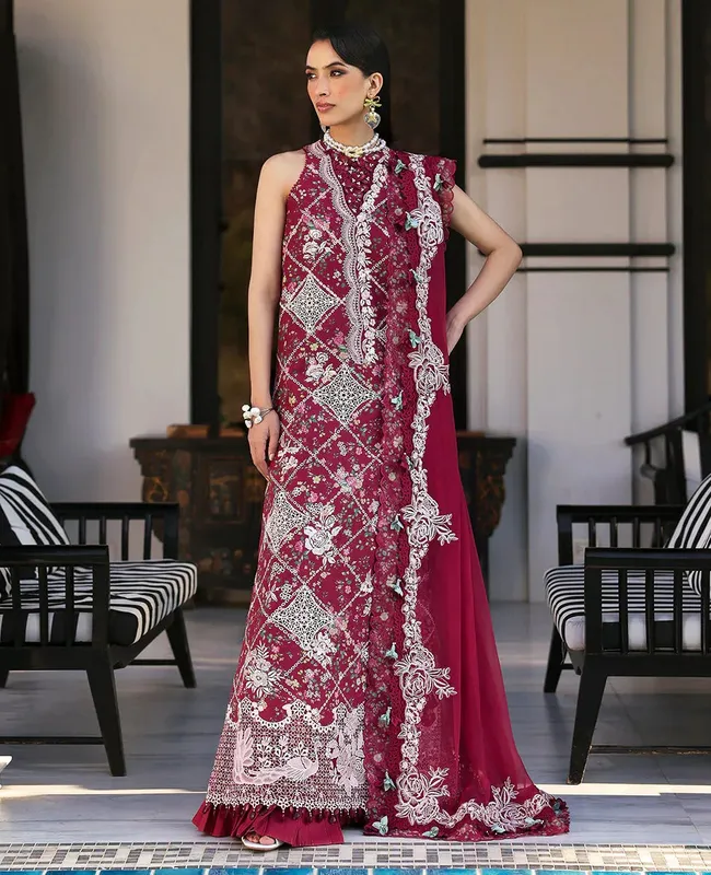 Republic Womenswear Kalani Eid Luxury Lawn 25 Maroon Organza – view 1 – Poshaq
