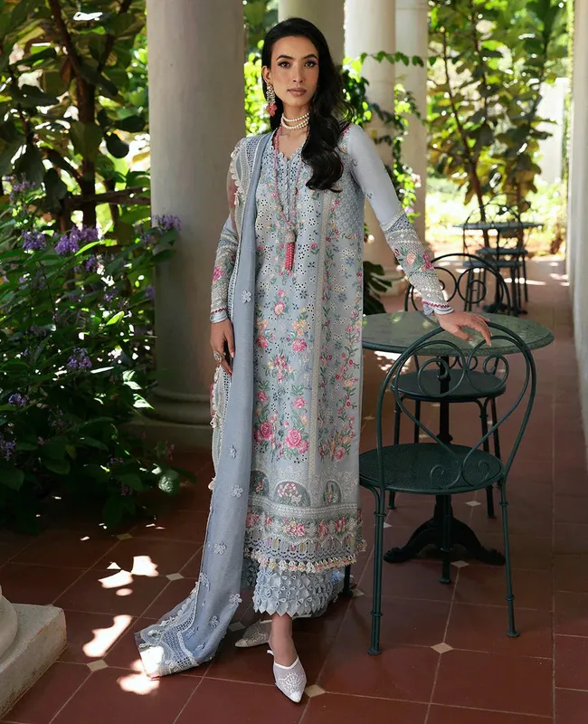 Republic Womenswear Kalani Eid Luxury Lawn 25 LIight blue Grey Organza – view 1 – Poshaq