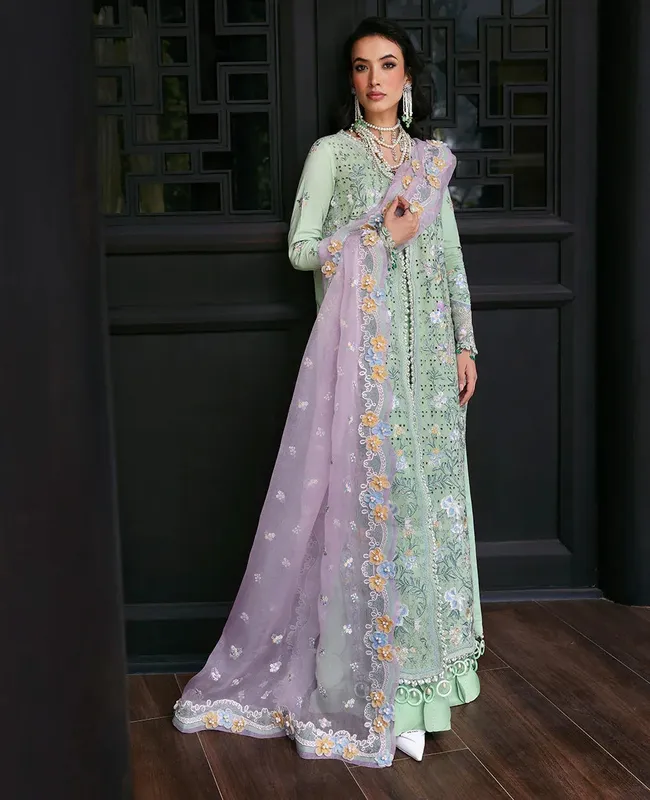 Mint lawn long slit shirt with organza dupatta and cambric sharara – view 1 – Poshaq