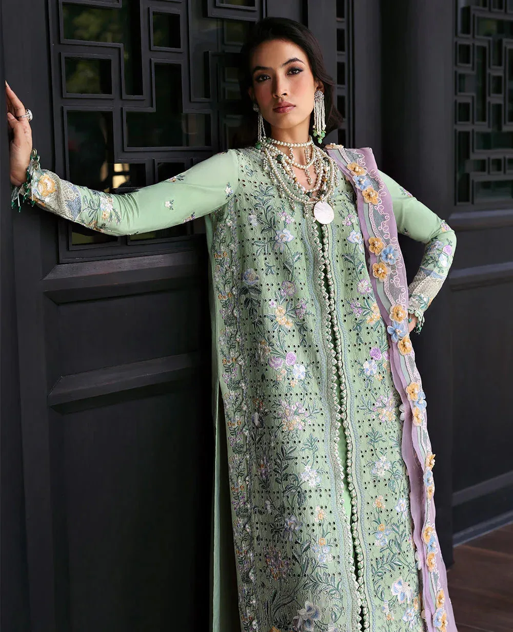 Mint lawn long slit shirt with organza dupatta and cambric sharara – view 2 – Poshaq