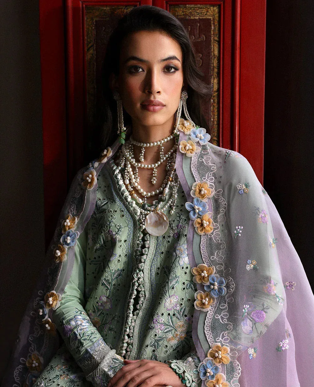 Mint lawn long slit shirt with organza dupatta and cambric sharara – view 3 – Poshaq