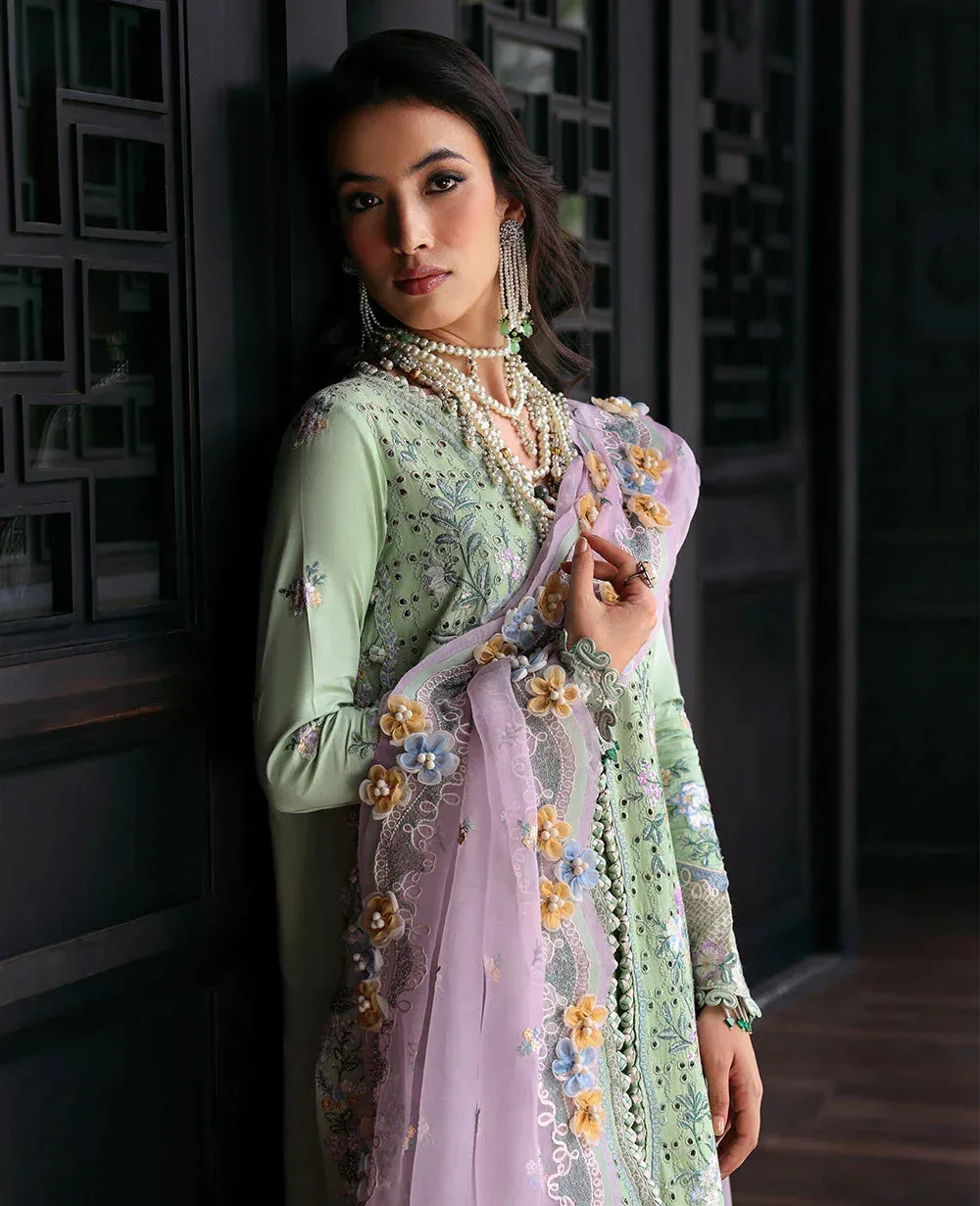 Mint lawn long slit shirt with organza dupatta and cambric sharara – view 5 – Poshaq