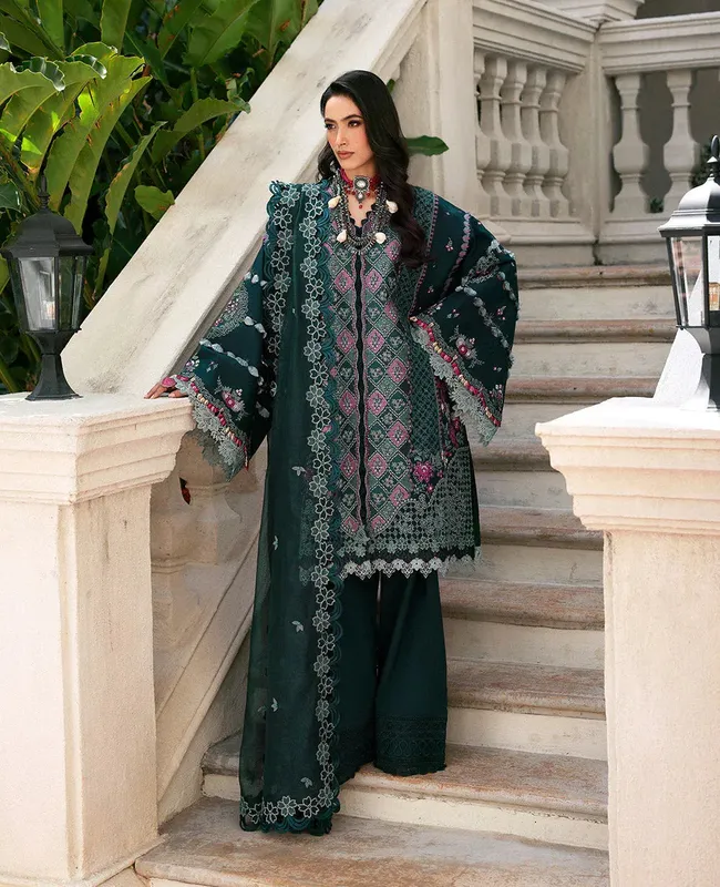 Emerald green three‑piece lawn suit with organza sleeves and embroidered details – view 1 – Poshaq