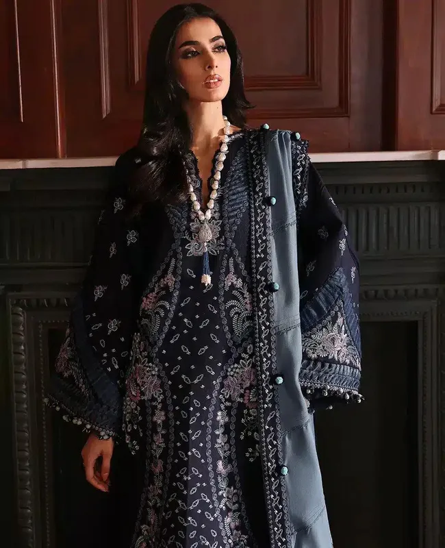 Republic Womenswear Noemei Luxury Shawl 23 Navy Blue Khaddar – view 1 – Poshaq