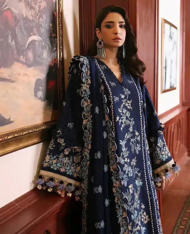 Republic Womenswear Noemei Luxury Shawl 23 Navy Blue Khaddar – view 1 – Poshaq