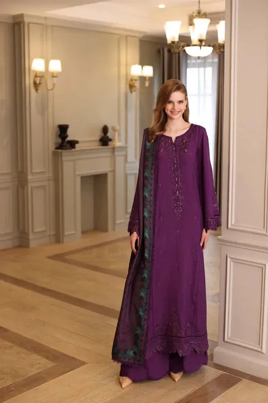 Noor by Saadia Asad Winter Embroidered Printkhaas 25 Plum Linen – view 1 – Poshaq