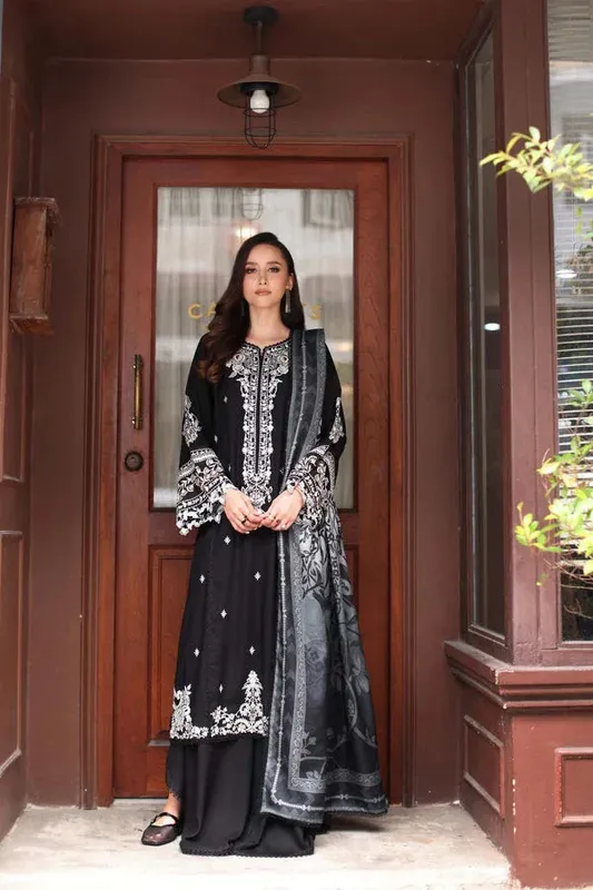 Noor by Saadia Asad Winter Embroidered Printkhaas 25 Black Linen – view 1 – Poshaq