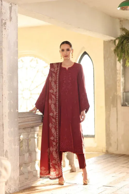 Noor by Saadia Asad Winter Embroidered Printkhaas 25 Red Linen – view 1 – Poshaq