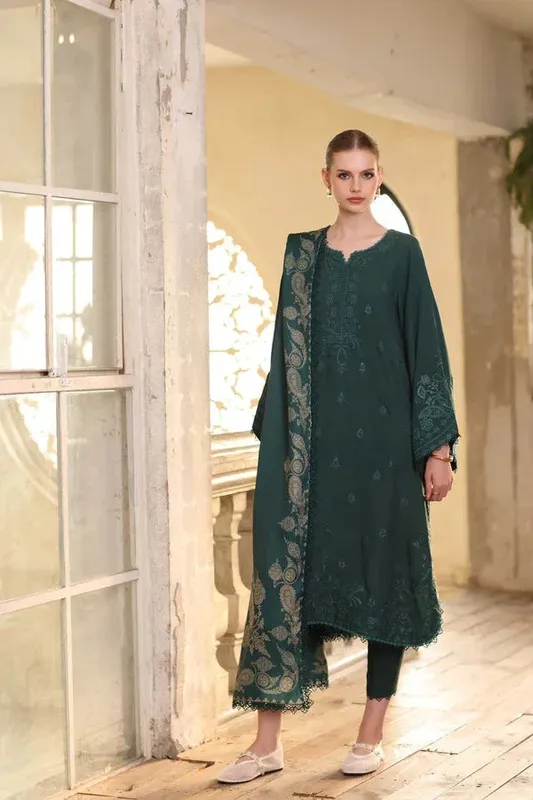 Noor by Saadia Asad Winter Embroidered Printkhaas 25 Sea Green Linen – view 1 – Poshaq