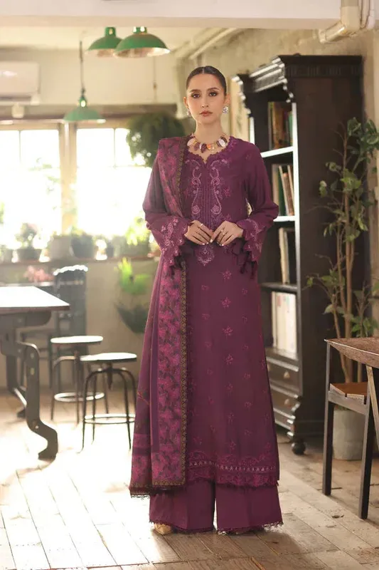 Noor by Saadia Asad Winter Embroidered Printkhaas 25 Fuchsia Linen – view 1 – Poshaq