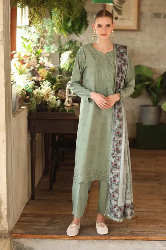 Noor by Saadia Asad Winter Embroidered Printkhaas 25 Pistachio Linen – view 1 – Poshaq