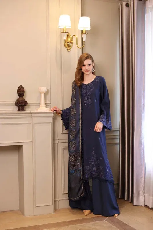 Noor by Saadia Asad Winter Embroidered Printkhaas 25 Navy Blue Linen – view 1 – Poshaq