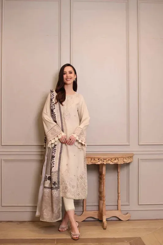 Noor by Saadia Asad Winter Embroidered Printkhaas 25 Off White Linen – view 1 – Poshaq