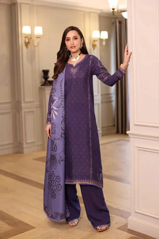 Noor by Saadia Asad Winter Embroidered Printkhaas 25 Purple Linen – view 1 – Poshaq