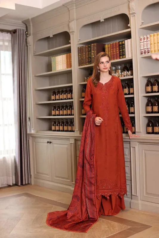 Noor by Saadia Asad Winter Embroidered Printkhaas 25 Rust Linen – view 1 – Poshaq