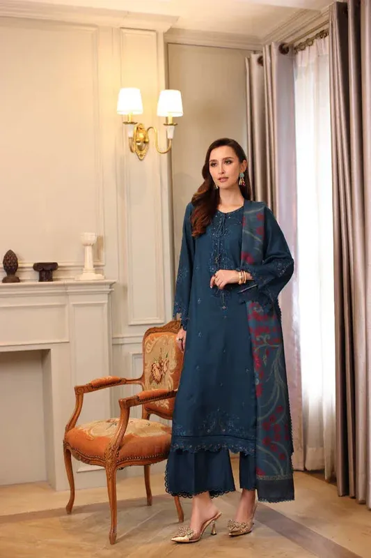 Noor by Saadia Asad Winter Embroidered Printkhaas 25 Dark Teal Blue Linen – view 1 – Poshaq