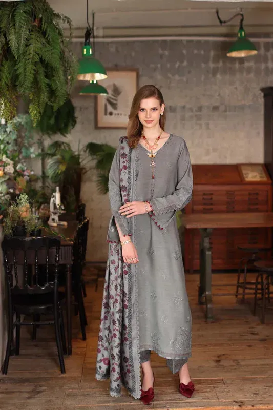 Noor by Saadia Asad Winter Embroidered Printkhaas 25 Grey Linen – view 1 – Poshaq