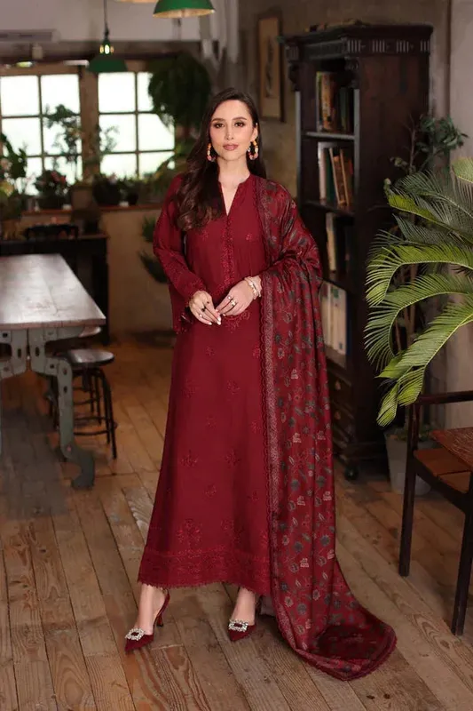 Noor by Saadia Asad Winter Embroidered Printkhaas 25 Maroon Linen – view 1 – Poshaq