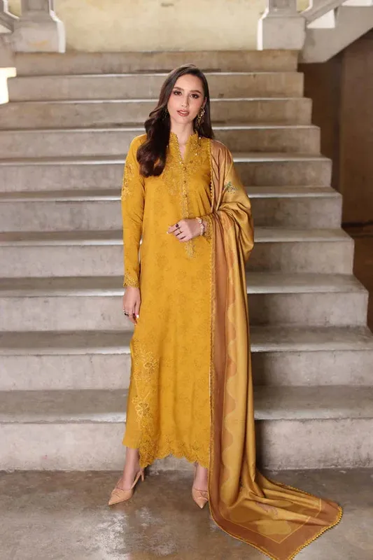 Noor by Saadia Asad Winter Embroidered Printkhaas 25 Mustard Yellow Linen – view 1 – Poshaq