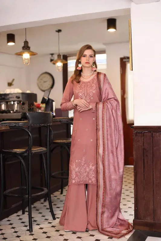 Noor by Saadia Asad Winter Embroidered Printkhaas 25 Dusty Pink Linen – view 1 – Poshaq