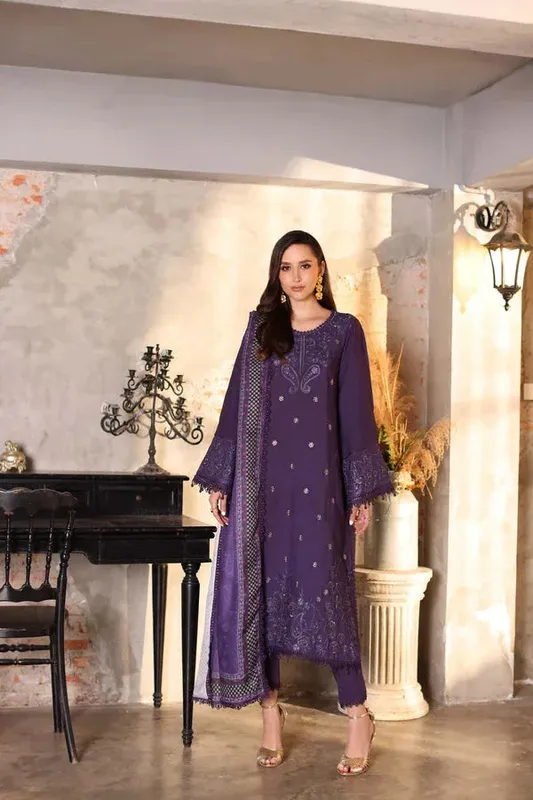 Noor by Saadia Asad Winter Embroidered Printkhaas 25 Deep Purple Linen – view 1 – Poshaq