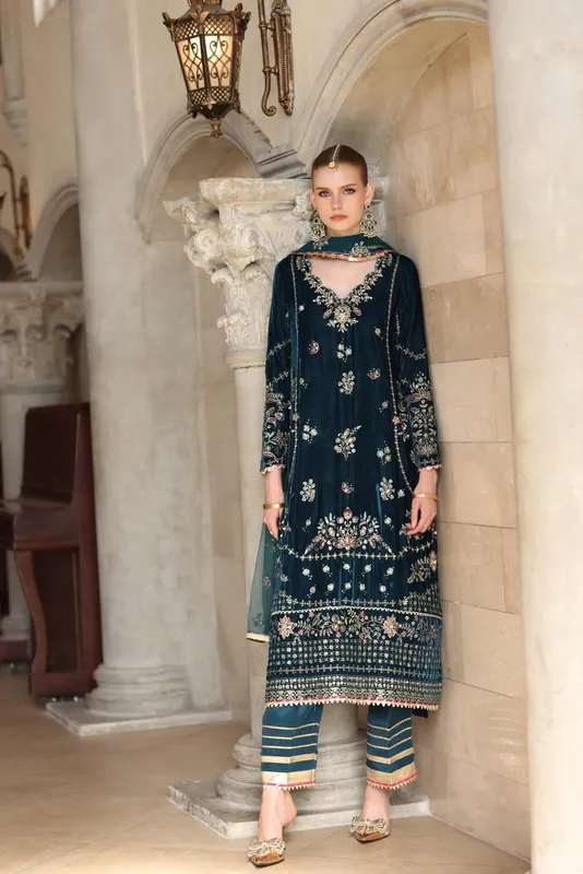 Noor by Saadia Asad Handcrafted Velvet 25 Dark Teal Blue Velvet – view 1 – Poshaq