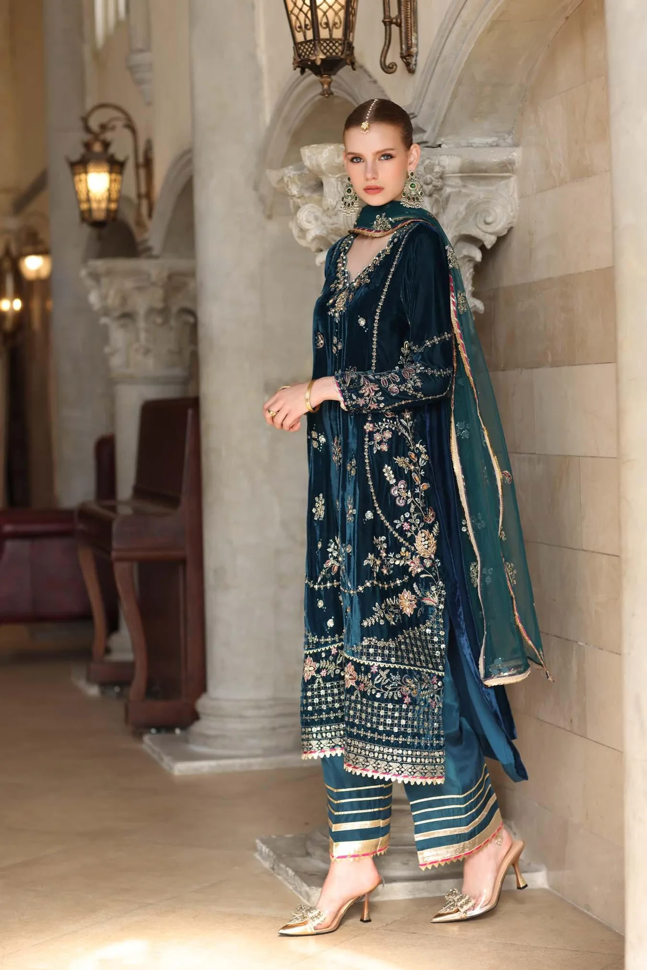 Noor by Saadia Asad Handcrafted Velvet 25 Dark Teal Blue Velvet – view 2 – Poshaq