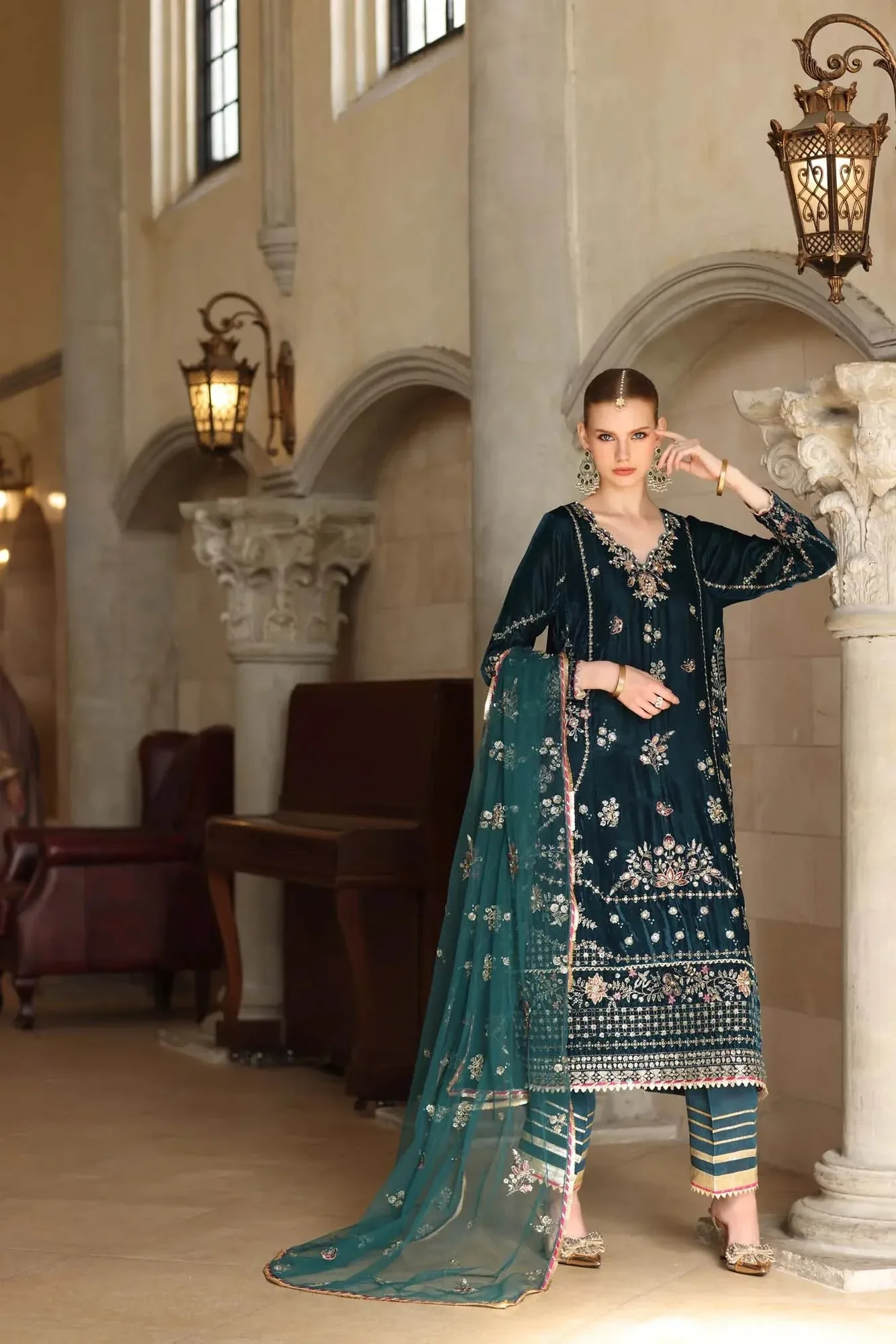 Noor by Saadia Asad Handcrafted Velvet 25 Dark Teal Blue Velvet – view 4 – Poshaq