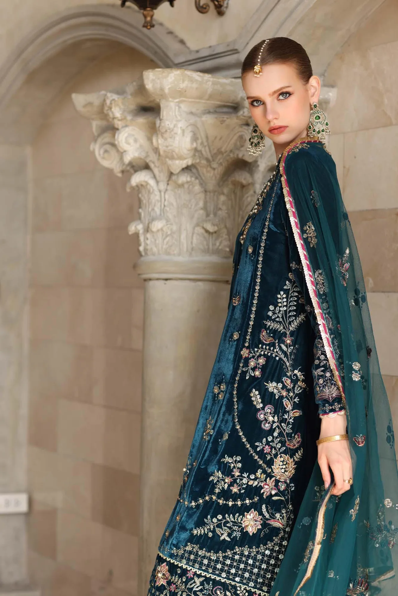 Noor by Saadia Asad Handcrafted Velvet 25 Dark Teal Blue Velvet – view 5 – Poshaq