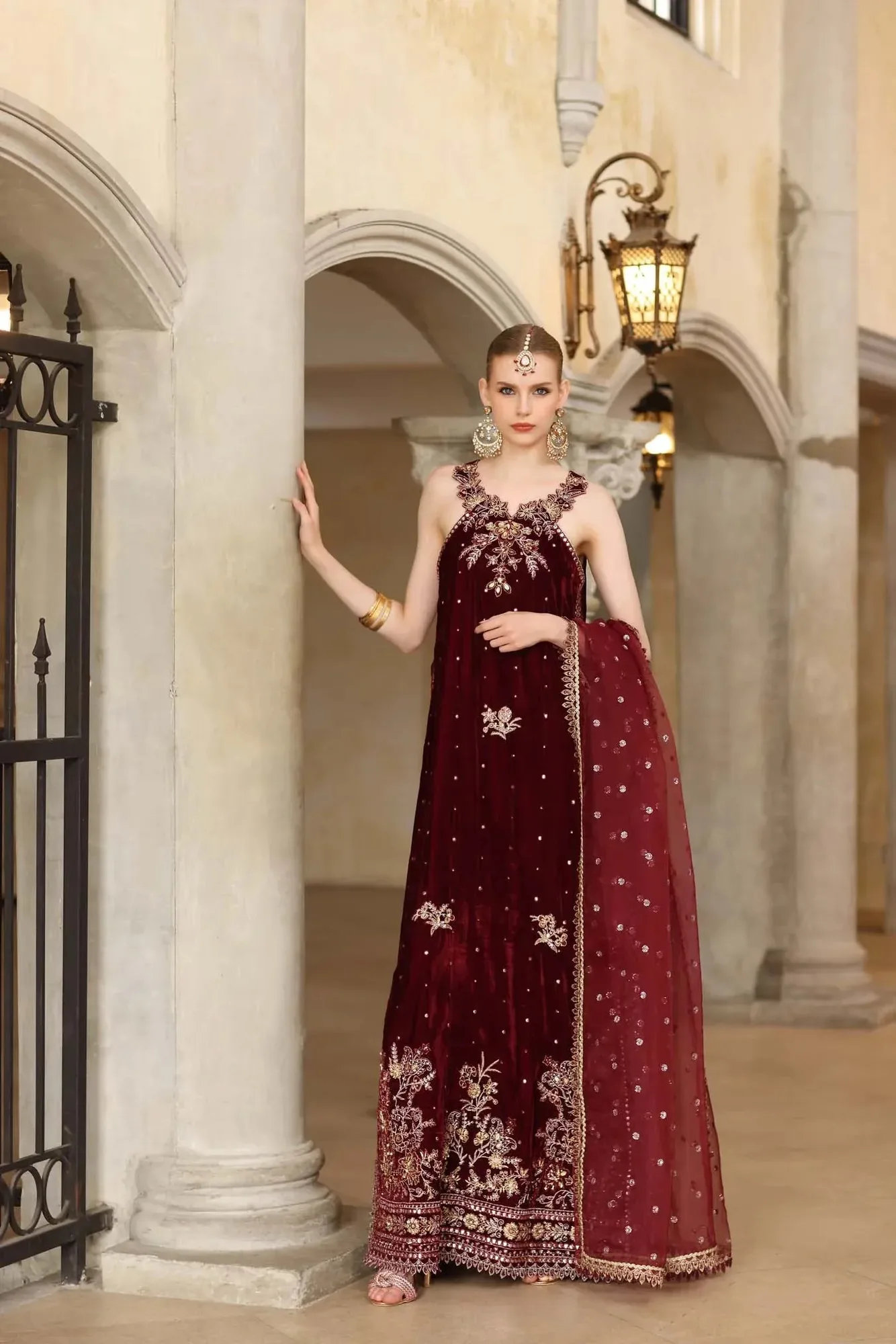 Noor by Saadia Asad Handcrafted Velvet 25 Maroon Organza – view 1 – Poshaq