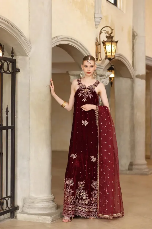 Noor by Saadia Asad Handcrafted Velvet 25 Maroon Organza – view 1 – Poshaq