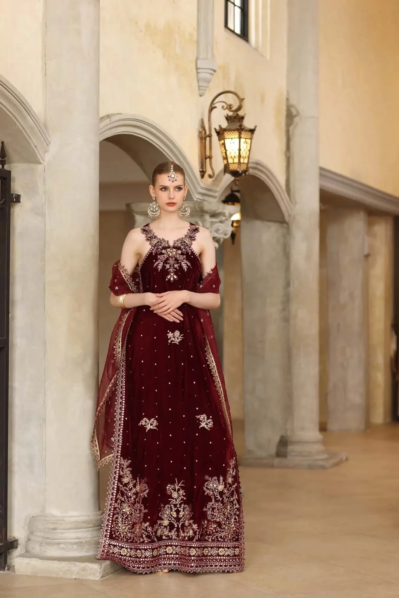 Noor by Saadia Asad Handcrafted Velvet 25 Maroon Organza – view 2 – Poshaq
