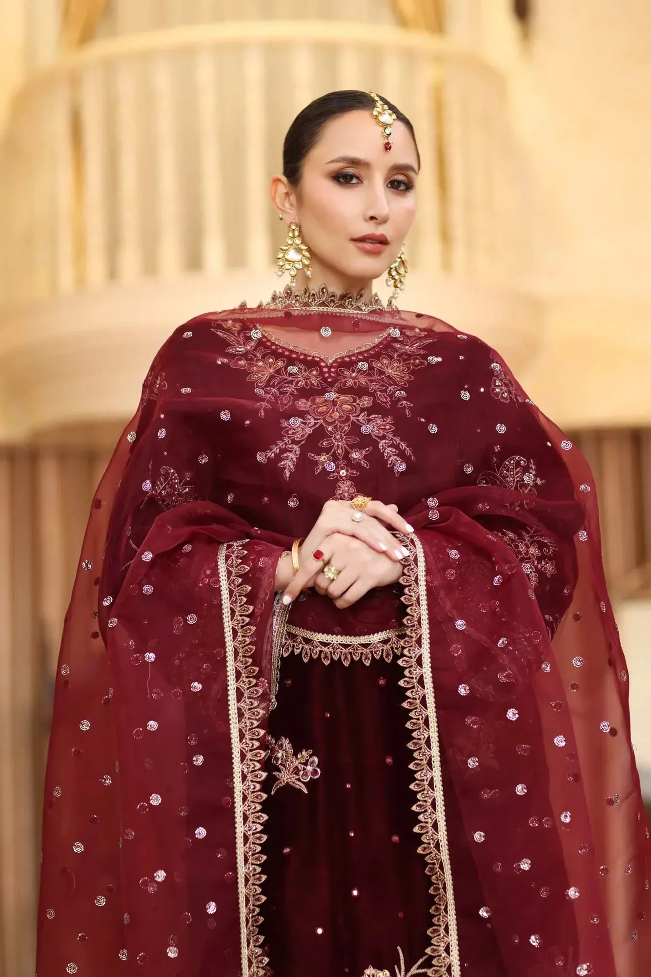 Noor by Saadia Asad Handcrafted Velvet 25 Maroon Organza – view 5 – Poshaq