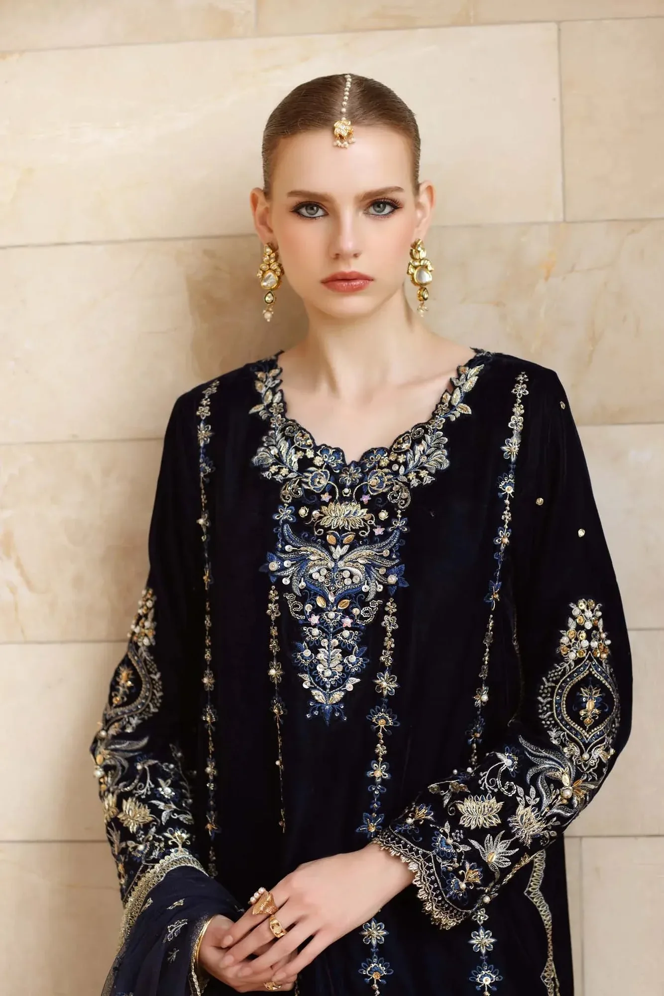 Noor by Saadia Asad Handcrafted Velvet 25 dark navy blue Velvet – view 3 – Poshaq