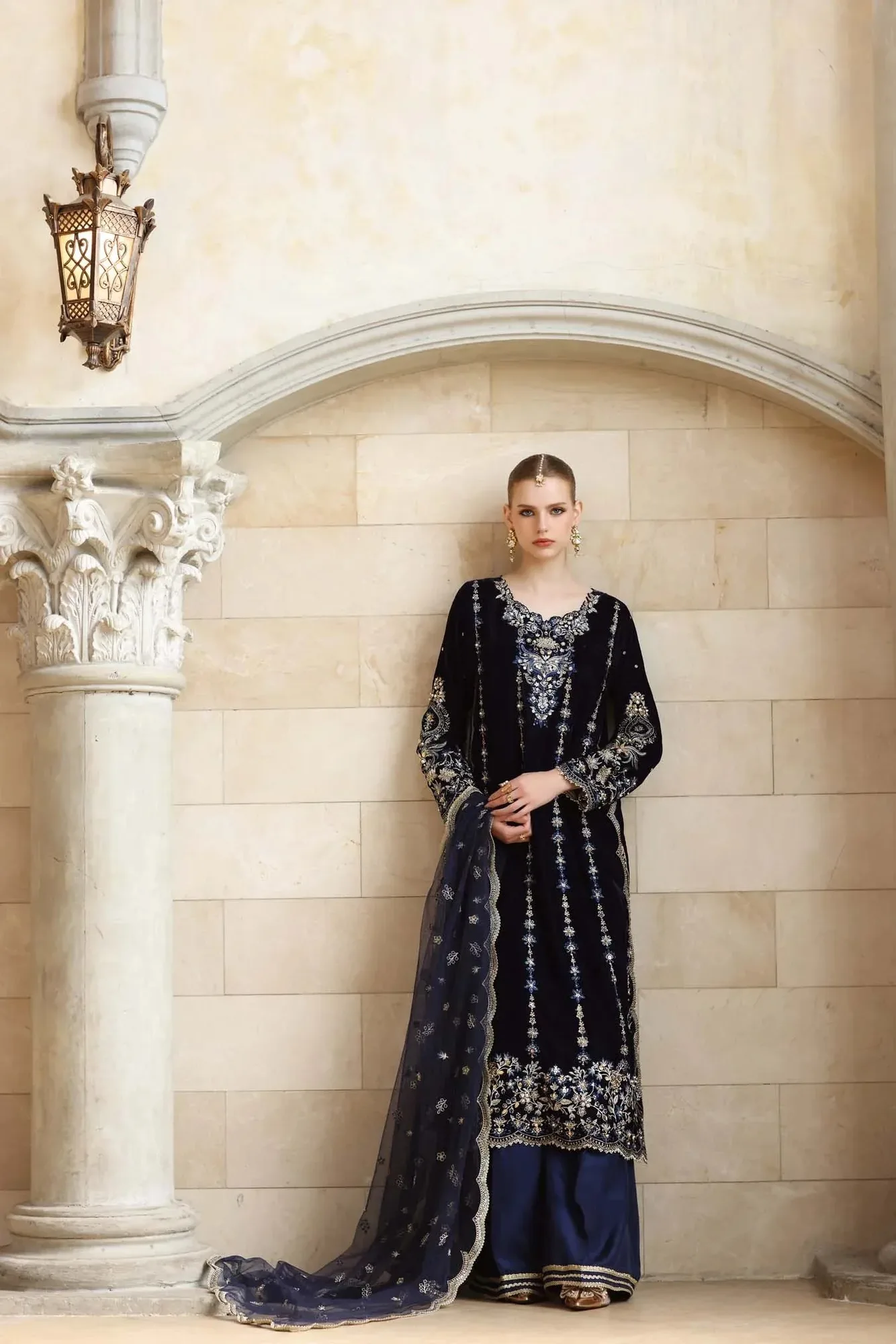 Noor by Saadia Asad Handcrafted Velvet 25 dark navy blue Velvet – view 5 – Poshaq