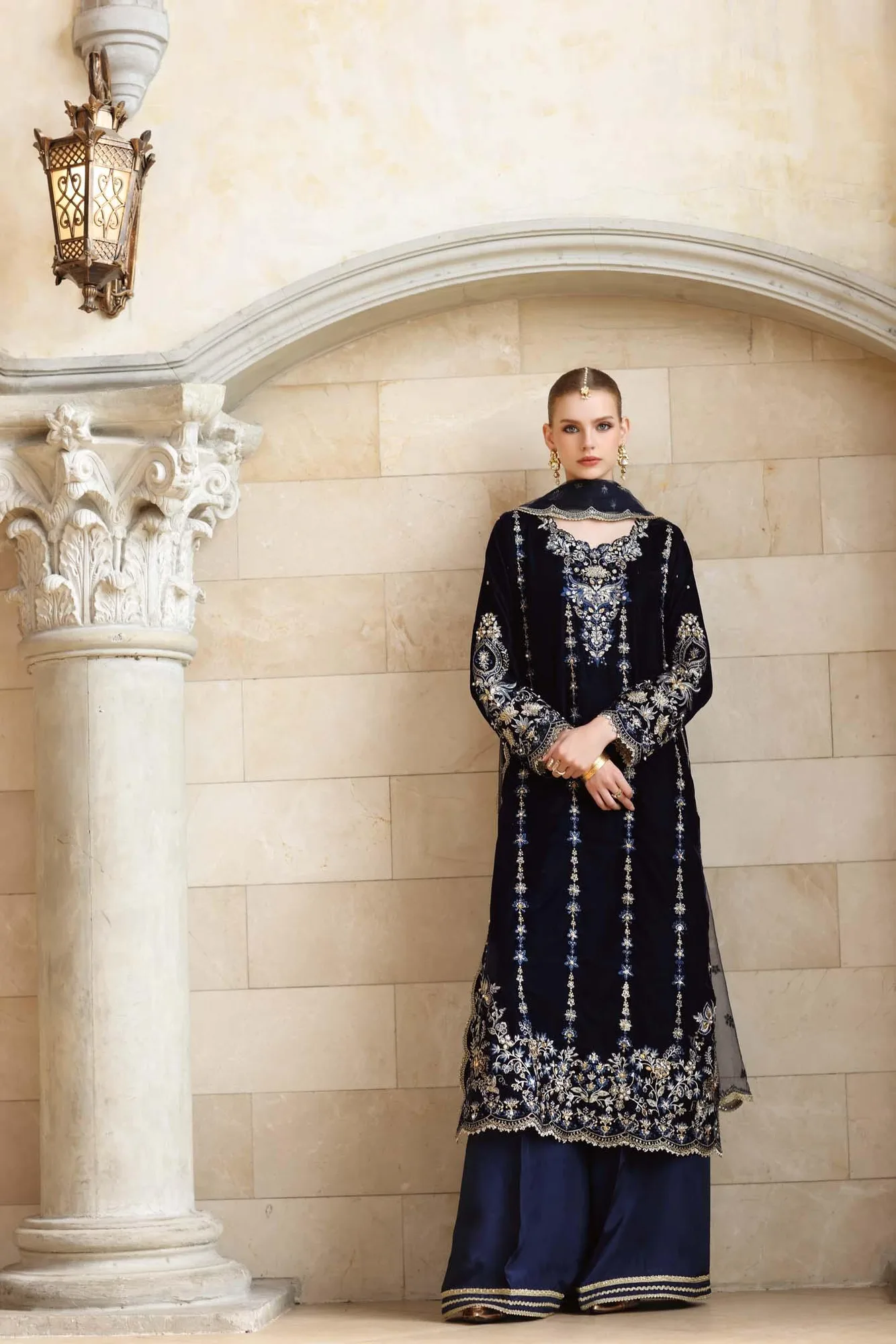 Noor by Saadia Asad Handcrafted Velvet 25 dark navy blue Velvet – view 6 – Poshaq