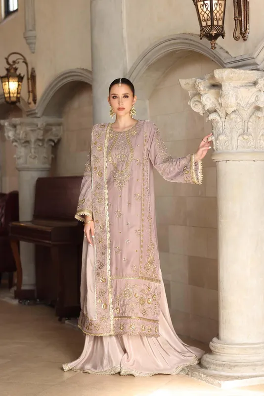 Noor by Saadia Asad Handcrafted Velvet 25 Blush Pink Velvet – view 1 – Poshaq