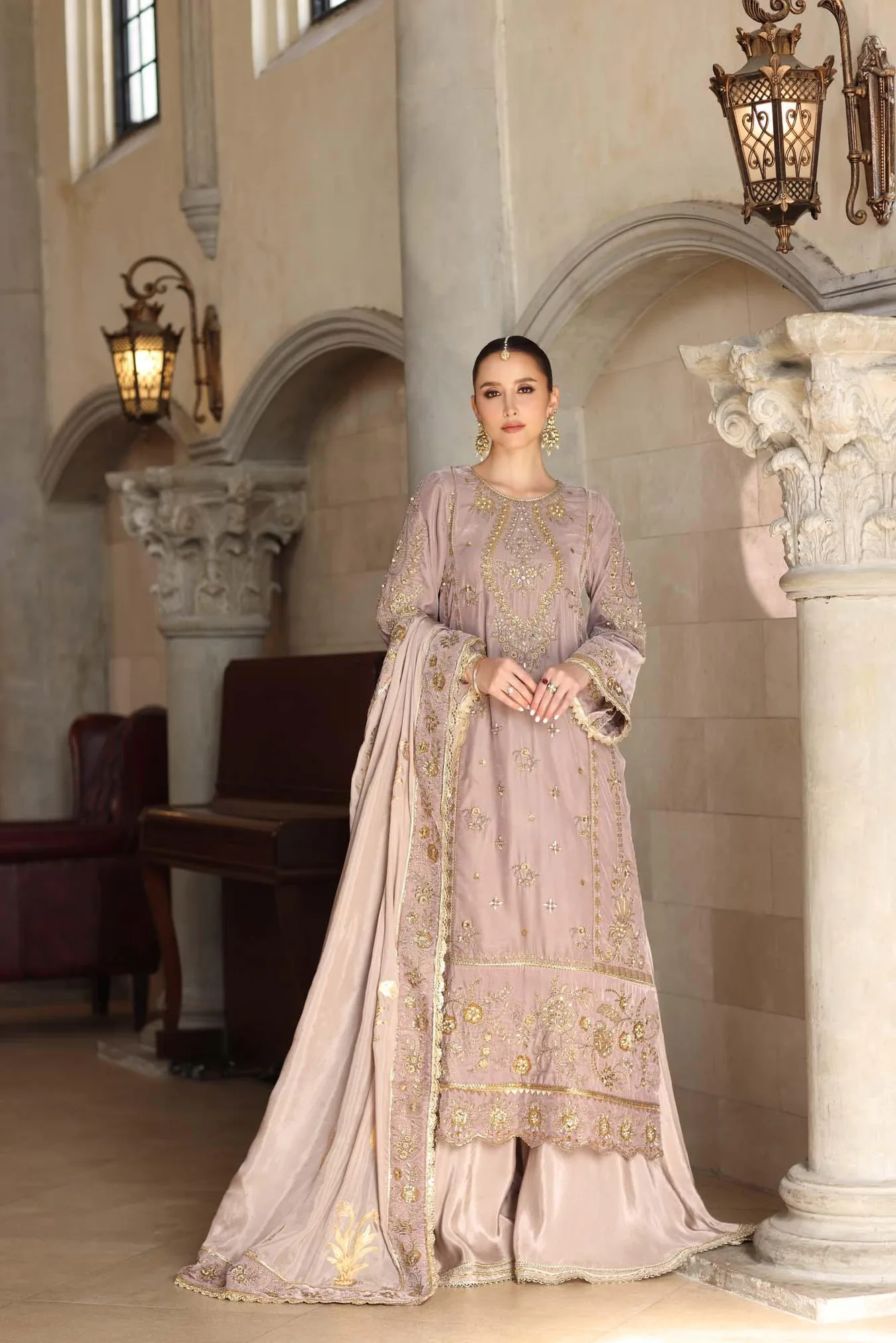 Noor by Saadia Asad Handcrafted Velvet 25 Blush Pink Velvet – view 2 – Poshaq