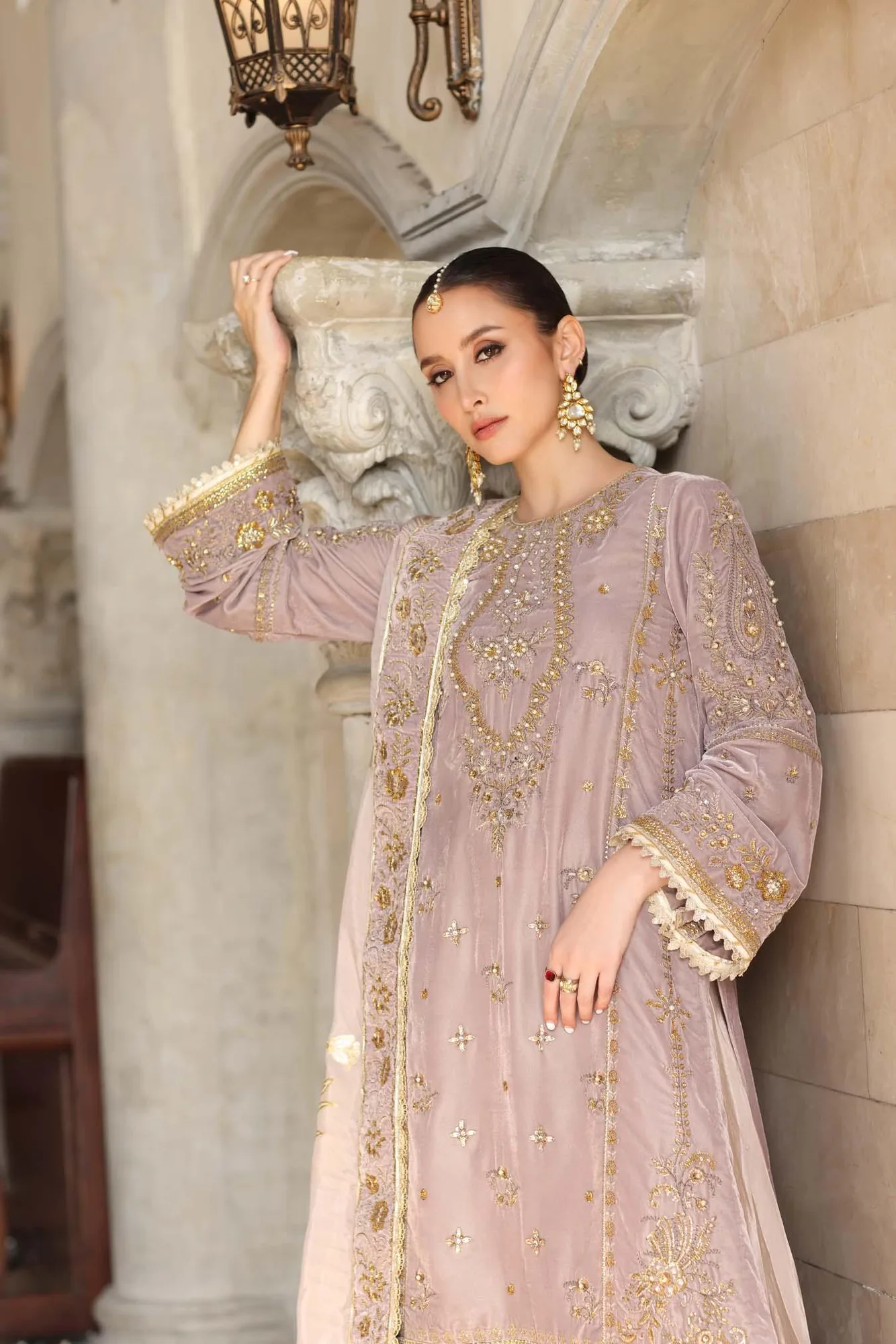Noor by Saadia Asad Handcrafted Velvet 25 Blush Pink Velvet – view 3 – Poshaq