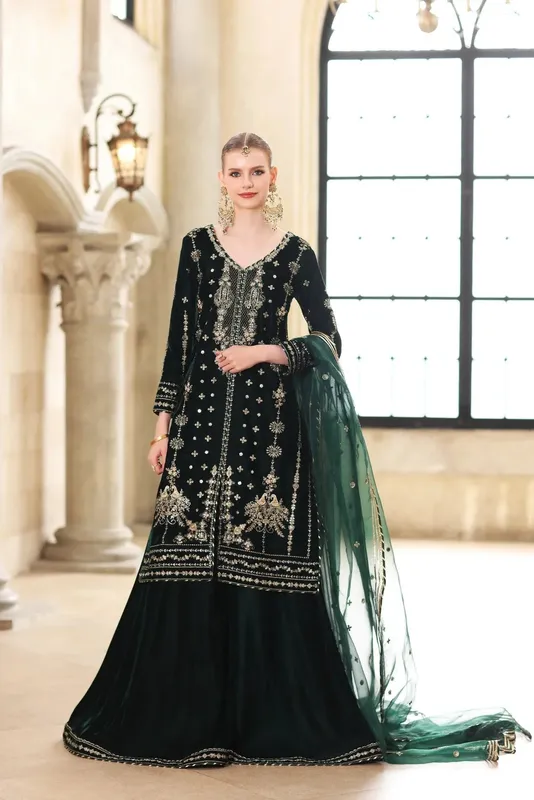 Noor by Saadia Asad Handcrafted Velvet 25 Deep Green Organza – view 1 – Poshaq