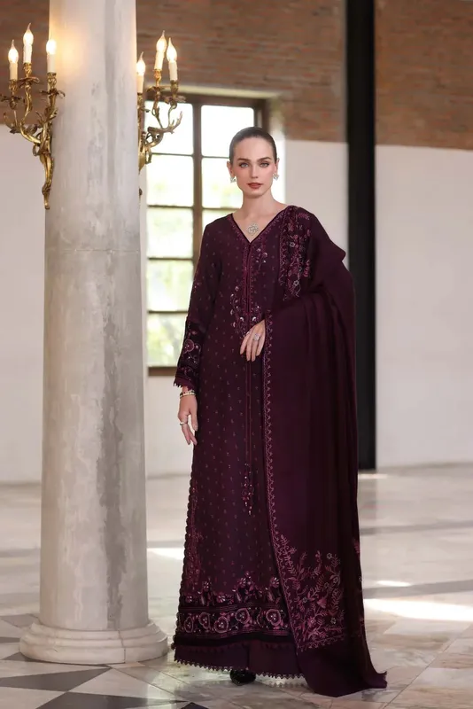 Noor by Saadia Asad Winter Pashmina 25 Dark Plum Pashmina – view 1 – Poshaq