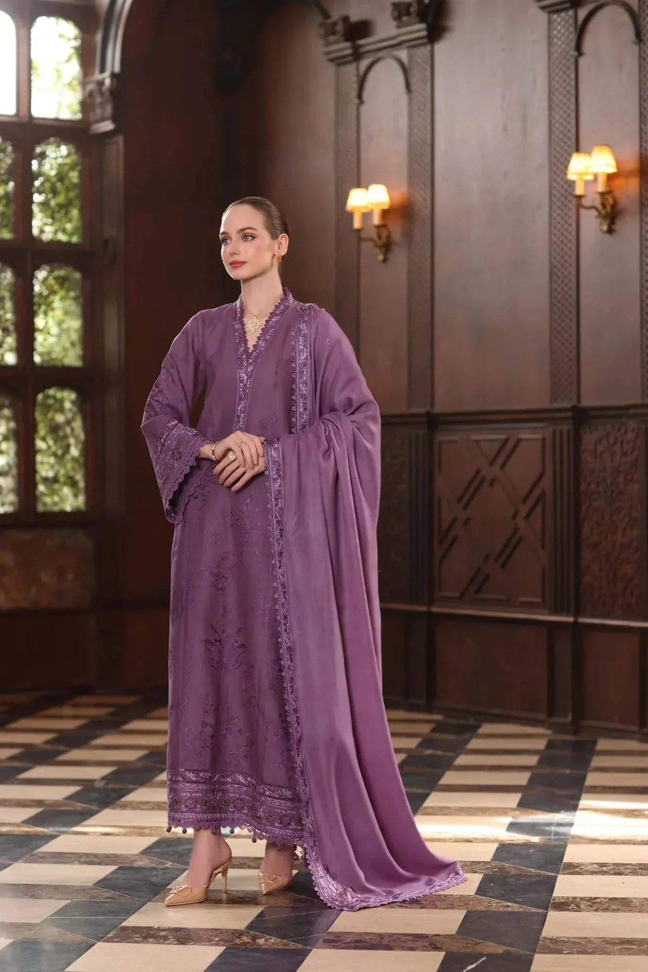 Noor by Saadia Asad Winter Pashmina 25 Plum Pashmina – view 5 – Poshaq