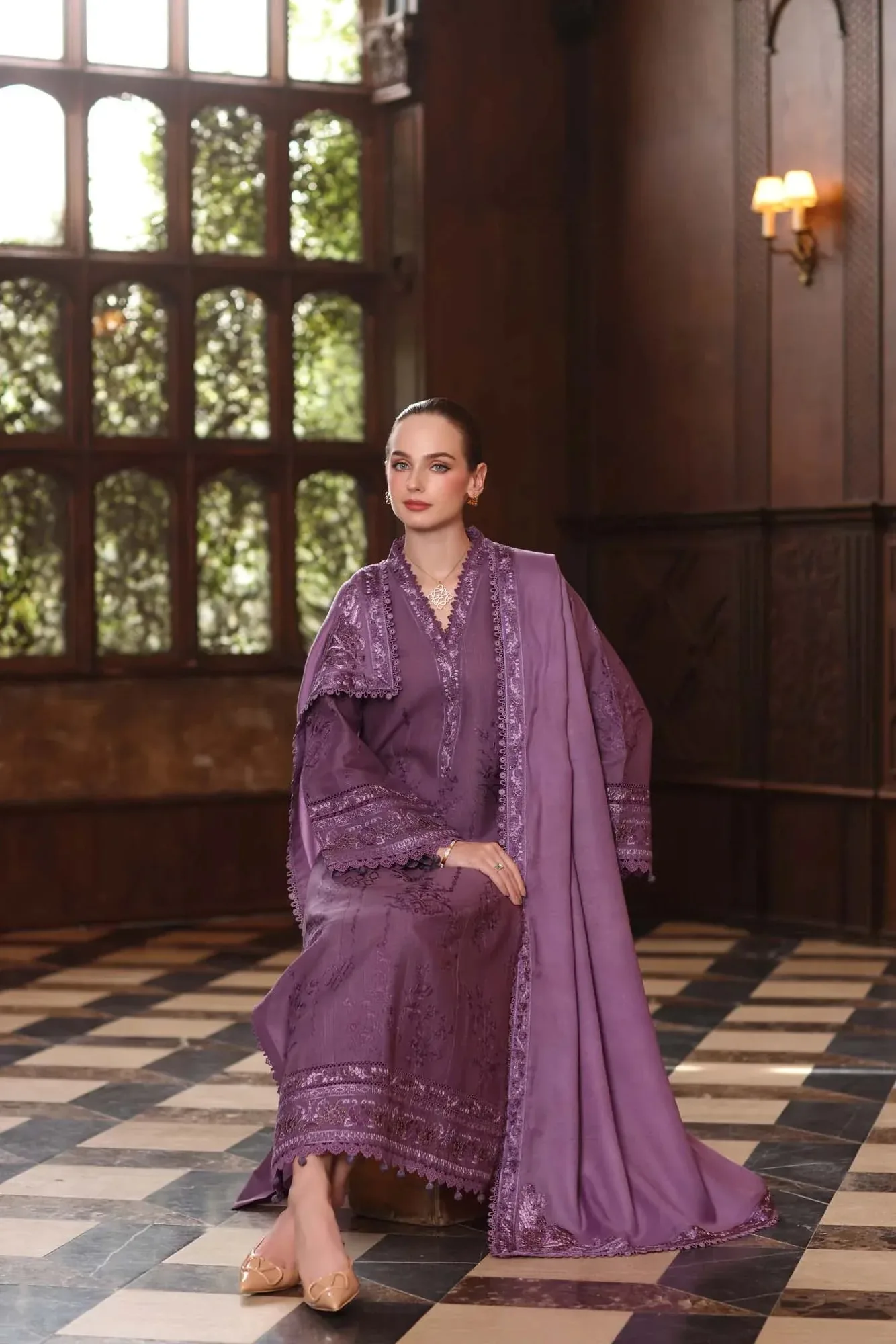 Noor by Saadia Asad Winter Pashmina 25 Plum Pashmina – view 8 – Poshaq