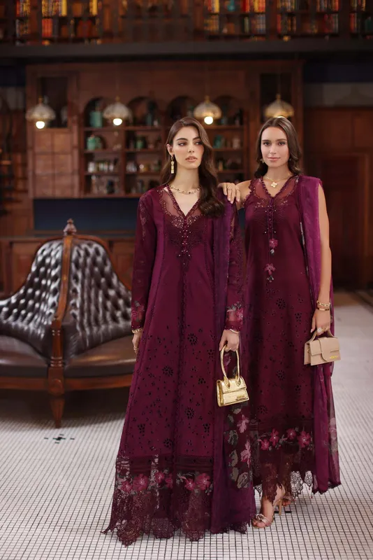 Noor by Saadia Asad Eid Luxury Schiffli Laserkari 25 Old Mauve Chiffon – view 1 – Poshaq