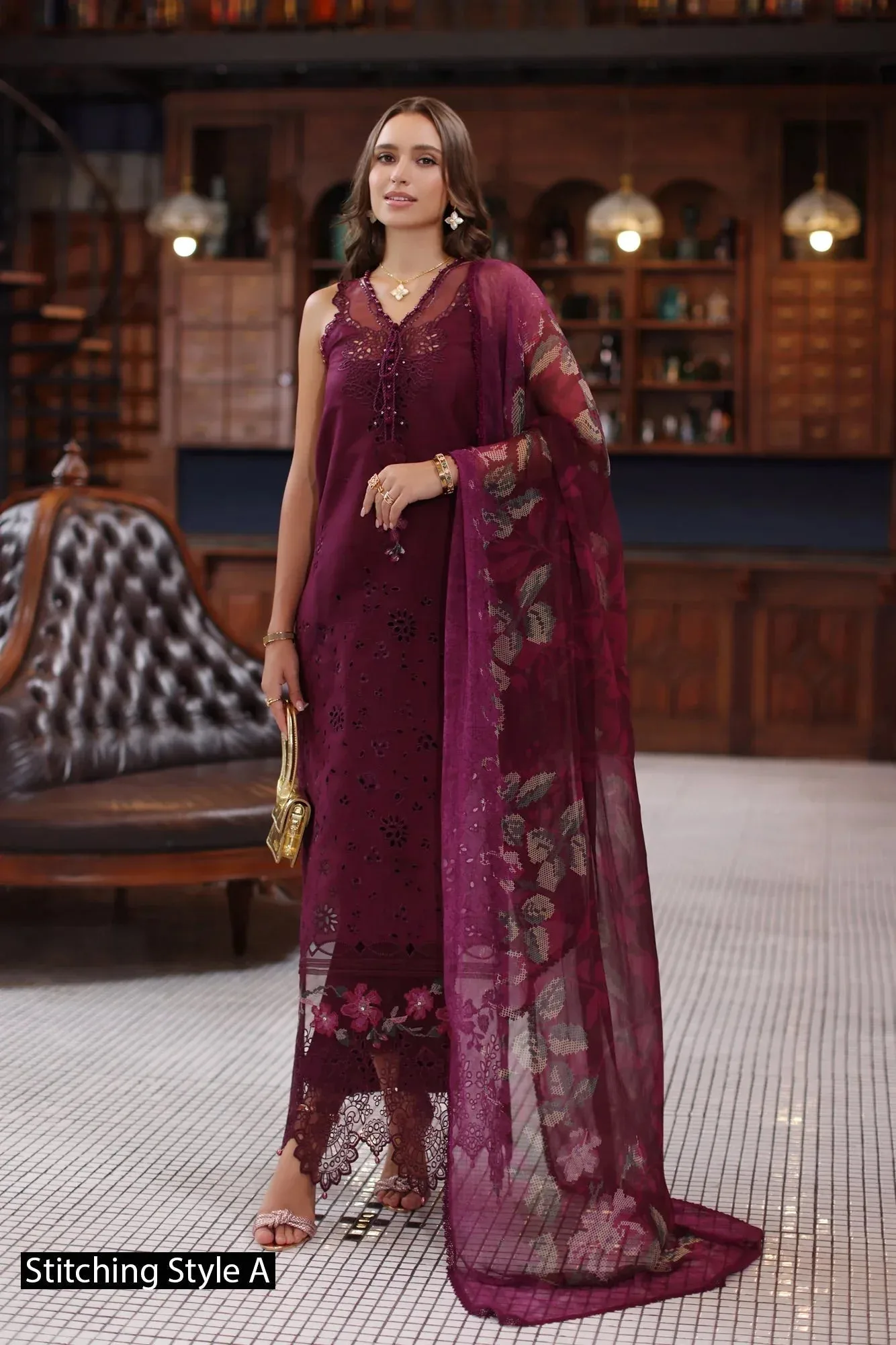 Noor by Saadia Asad Eid Luxury Schiffli Laserkari 25 Old Mauve Chiffon – view 2 – Poshaq